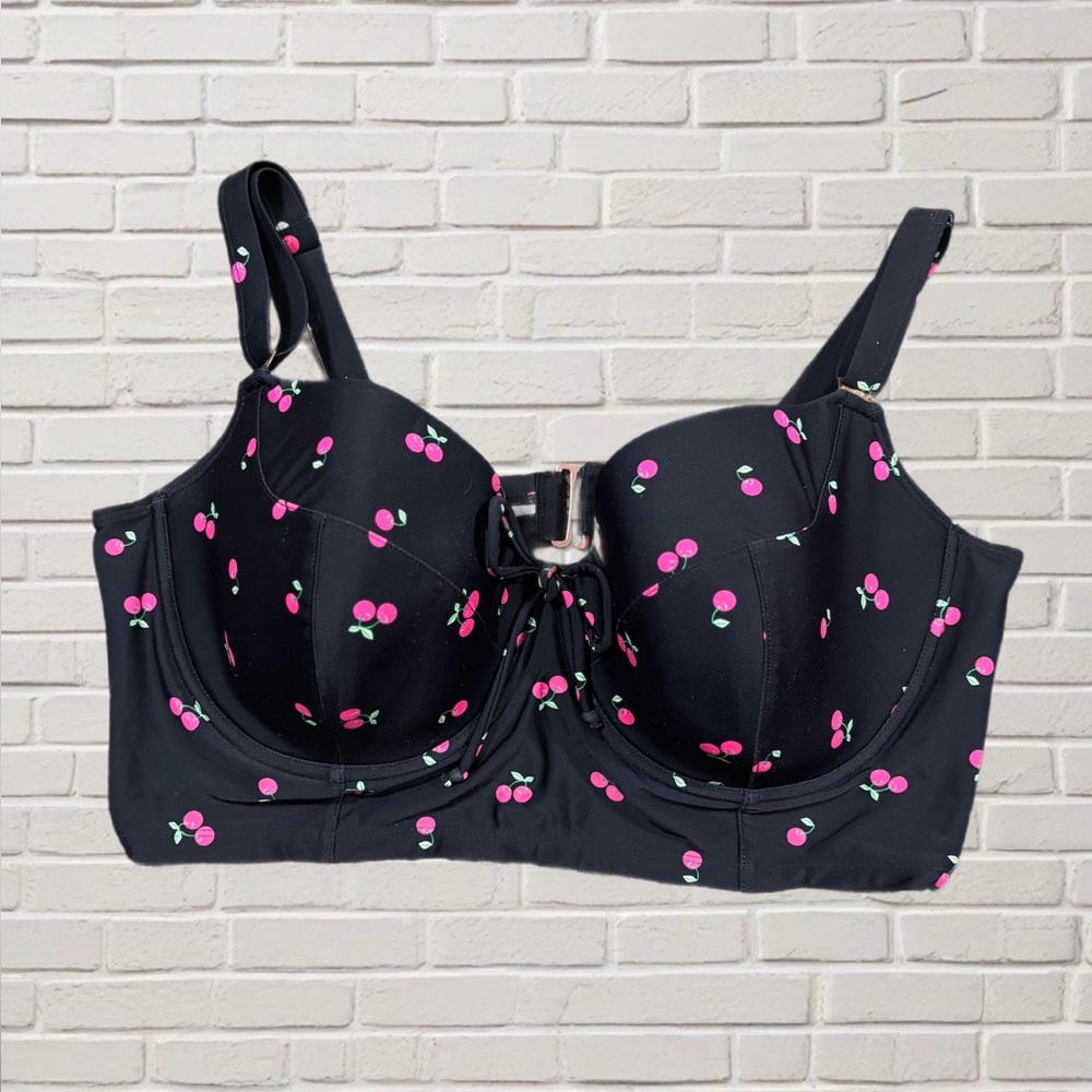 Cherry Print Underwire Bikini Top 40DD Bombshell Pinup Curvy Black Swim Top